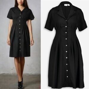 H by Halston Linen Button Front Midi Fit & Flare Shirt Dress